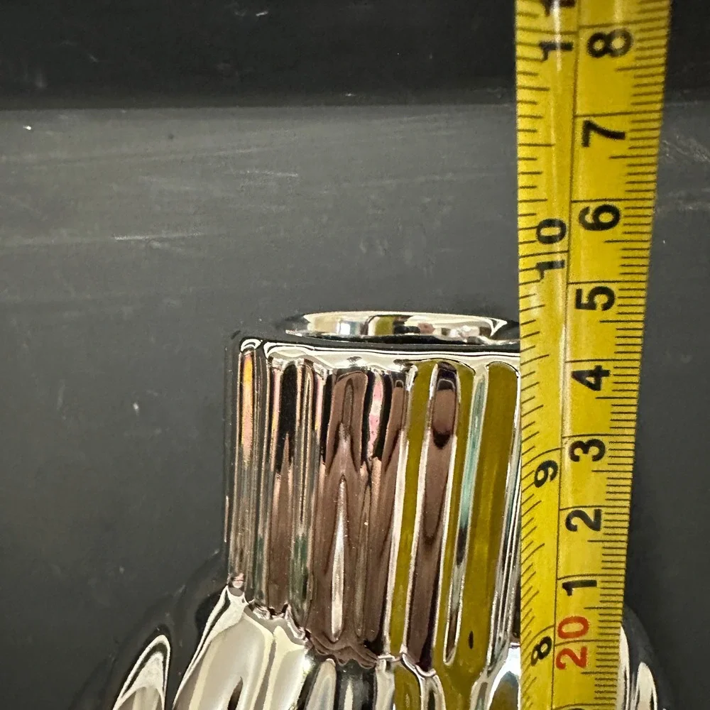 Sculptural Decorative Vase PAIR Modern Chrome Silver Swirl Ribbed Ceramic 9.5